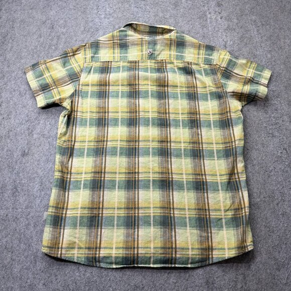 Kuhl Persuadr Shirt Men L Yellow Green Brown Linen Plaid Short Sleeve Button Up - Picture 9 of 15